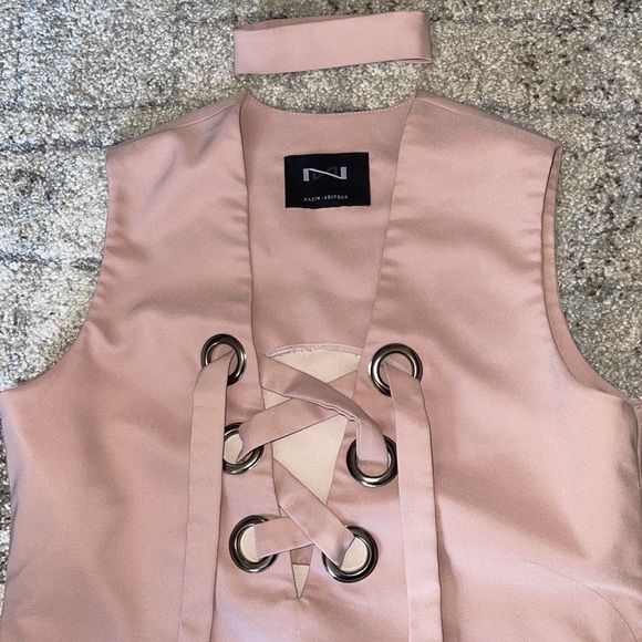 Sold❌Pink Plain Deep V Neck Cross String Eyelet Lace Up Sleeveless dress - Picture 3 of 6